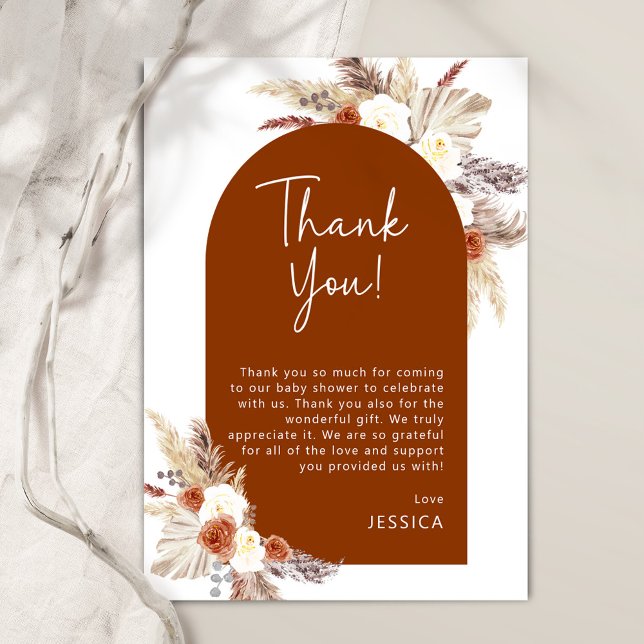Boho Pampas Gras Terracotta Baby Shower Thank You Card (Creator Uploaded)