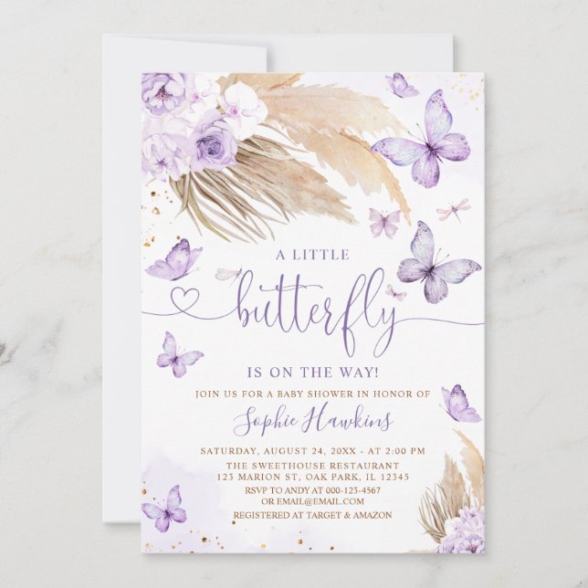 Boho Pampas Grass A Little Butterfly Baby Shower Invitation (Front)