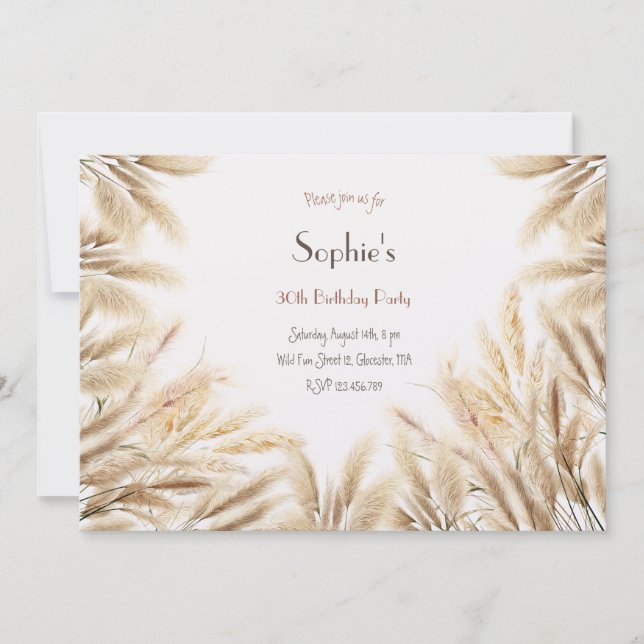 Boho pampas grass adult Birthday invitation (Front)