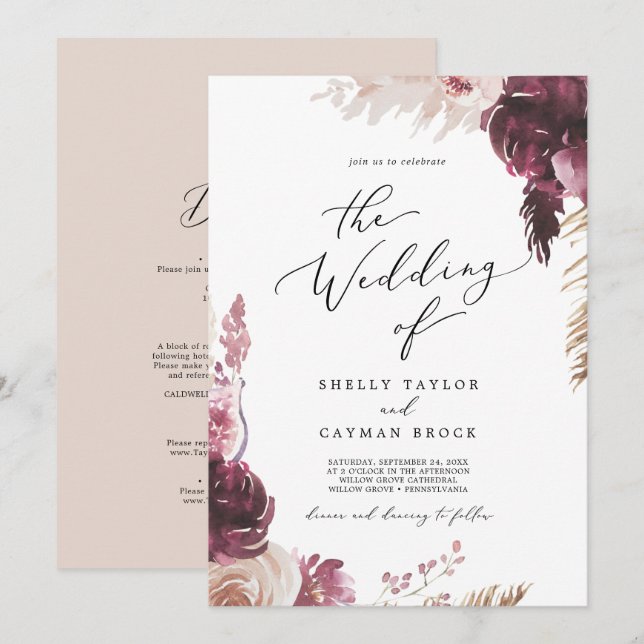 Boho Pampas Grass All In One Wedding Invitation (Front/Back)