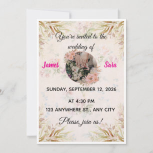 Boho Pampas Grass and Floral Wedding Invitation