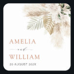 boho pampas grass and greenery wedding square sticker<br><div class="desc">bohemian pampas and greenery. The text details and colours can be edited.</div>