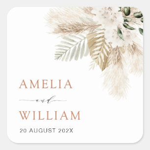 boho pampas grass and greenery wedding square sticker