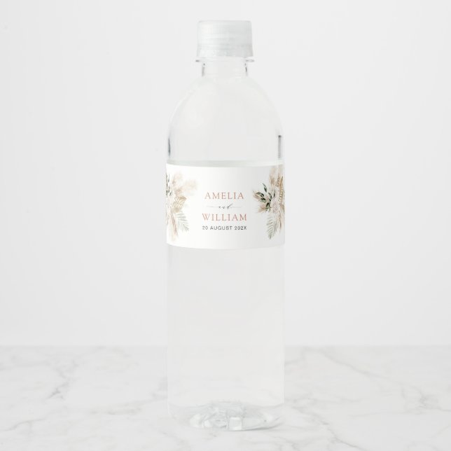 boho pampas grass and greenery wedding water bottle label (Front)