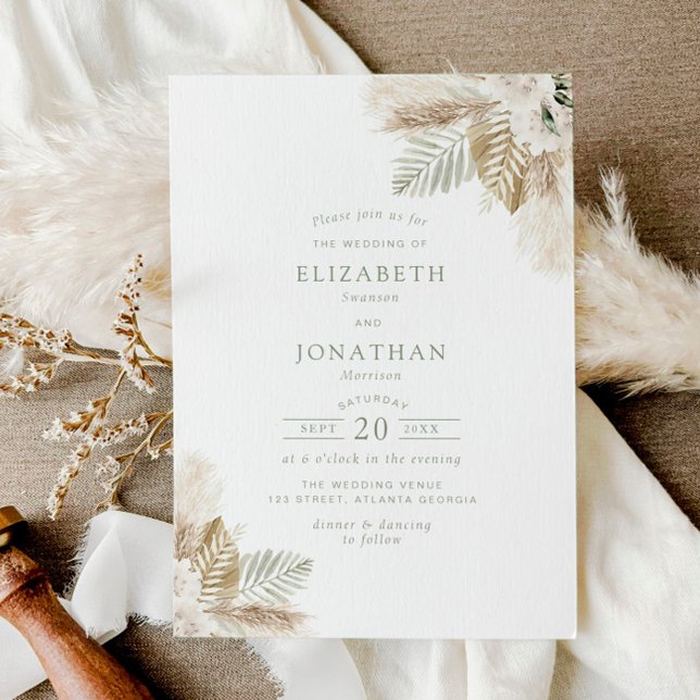 boho pampas grass and sage green wedding invitation (Creator Uploaded)