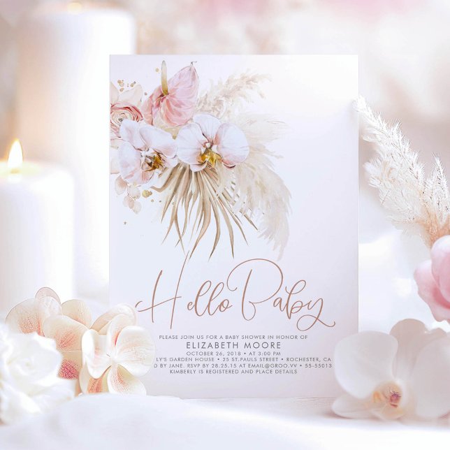Boho Pampas Grass and Tropical Flowers Baby Shower Invitation (Blush Pink Floral Baby Shower Invitation)