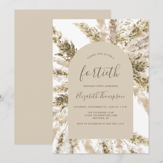 Boho Pampas Grass Arch 40th Birthday Party Invitation (Front/Back)