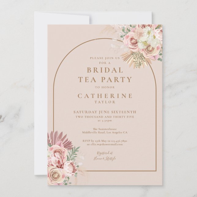 Boho Pampas Grass Arch Bridal Tea Party Invitation (Front)