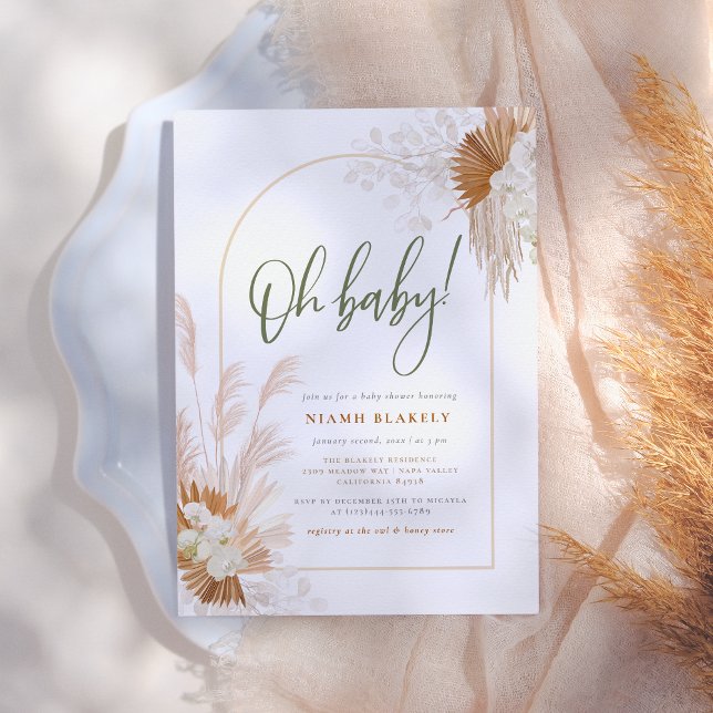 Boho Pampas Grass Arch Sage Green Baby Shower Invitation (Creator Uploaded)