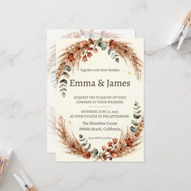 Boho Pampas Grass Autumn Wreath Wedding Invitation (Front/Back In Situ)