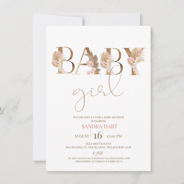 Boho Pampas Grass Baby Girl Baby Shower Invitation (Front)