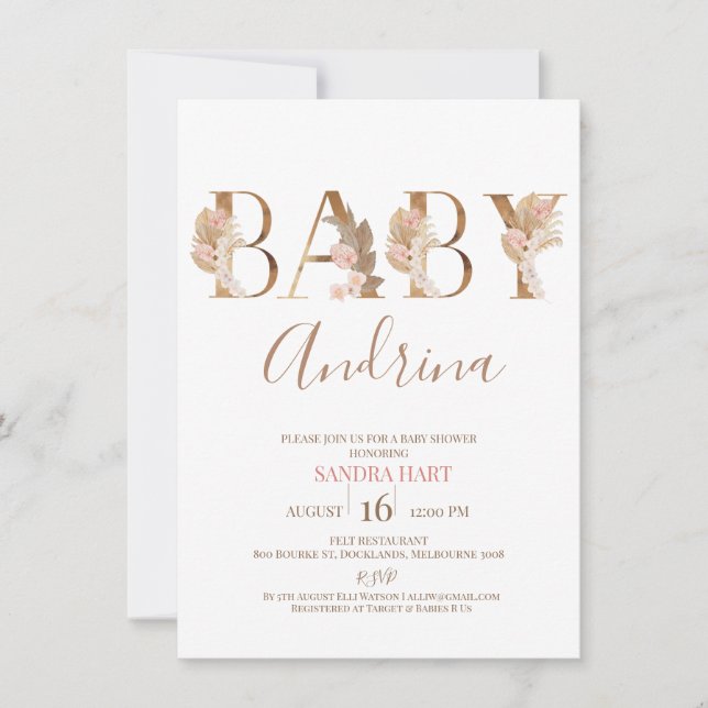 Boho Pampas Grass Baby Girl Name Baby Shower Invitation (Front)