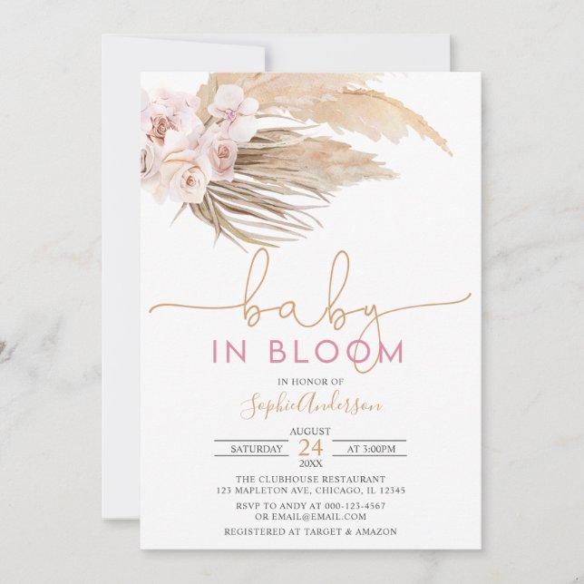 Boho Pampas Grass Baby In Bloom Baby Shower Invita Invitation (Front)