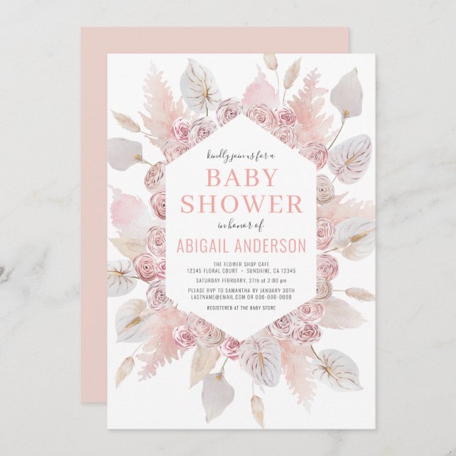 Boho Pampas Grass Baby Shower Elegant Blush Pink  Invitation (Front/Back)