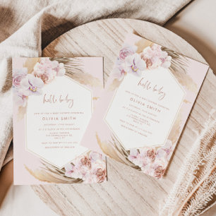 Boho pampas grass baby shower invitation