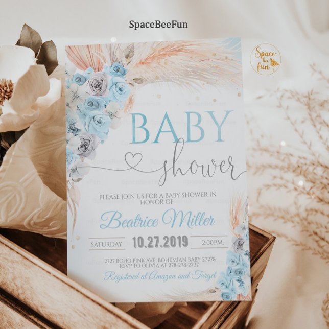 Boho Pampas Grass Baby Shower Invitation Boy Bohem (Boho Pampas Grass Baby Shower Invitation Boy Bohemian Tropical  Blue  and Gold  Invites )