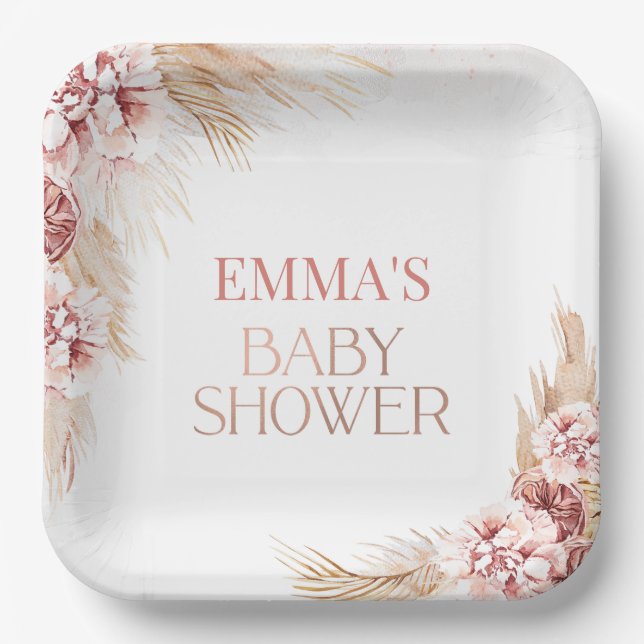 Boho Pampas Grass Baby Shower Paper Plate (Front)