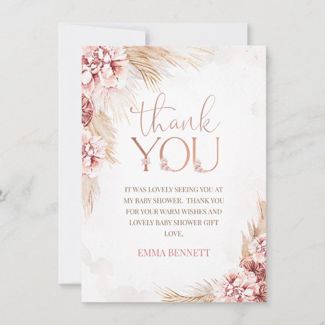 Boho Pampas Grass Baby Shower Thank You Card (Front)