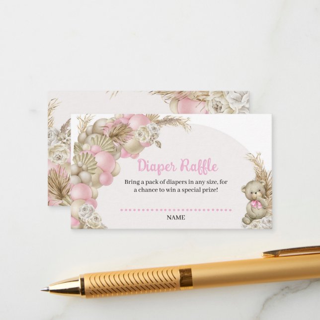 Boho Pampas Grass Balloon Teddy Bear Diaper Raffle Enclosure Card (Front/Back In Situ)