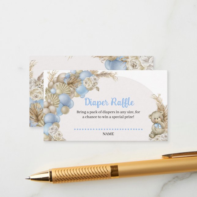 Boho Pampas Grass Balloon Teddy Bear Diaper Raffle Enclosure Card (Front/Back In Situ)