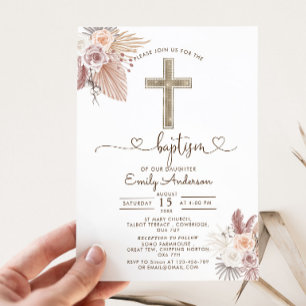 Boho Pampas Grass Baptism Christening Invitation