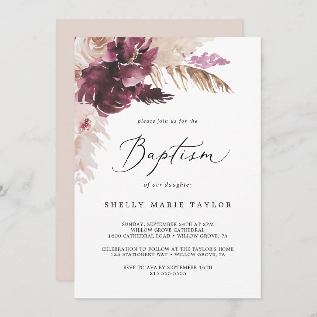 Boho Pampas Grass Baptism Invitation (Front/Back)