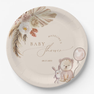 Boho Pampas Grass Bear Balloon Baby Shower Paper Plate