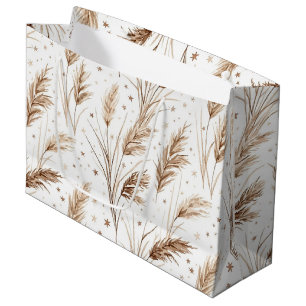 Boho Pampas Grass Beige Brown Star Pattern (1) Large Gift Bag
