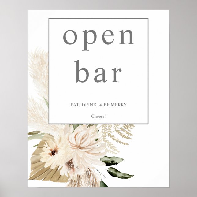 Boho Pampas Grass & Beige Floral Open Bar Sign 1 (Front)