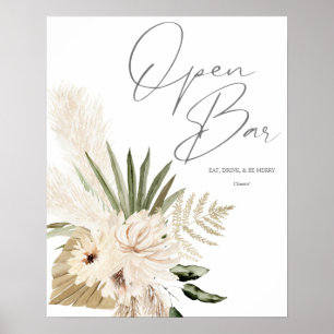 Boho Pampas Grass & Beige Floral Open Bar Sign 2