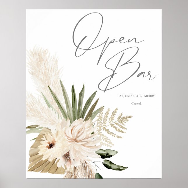 Boho Pampas Grass & Beige Floral Open Bar Sign 2 (Front)