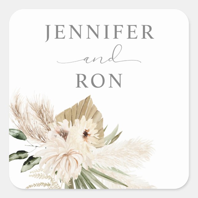 Boho Pampas Grass & Beige Floral Square Sticker 1 (Front)