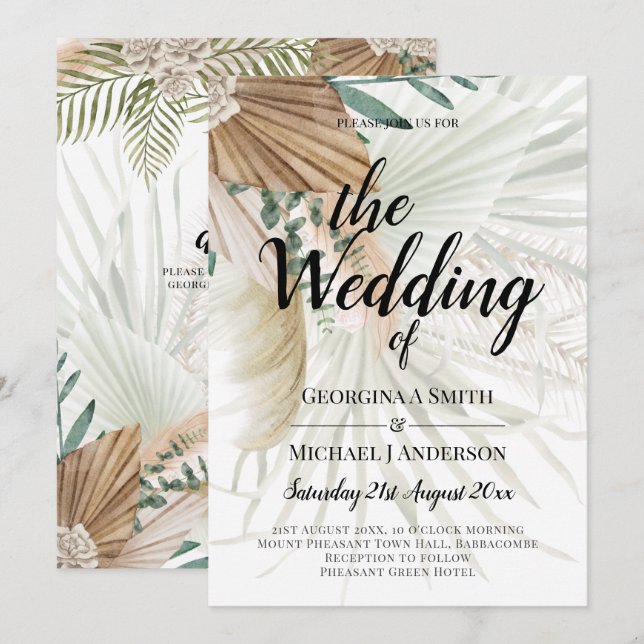 BOHO Pampas Grass Beige Green Terracotta Wedding Invitation (Front/Back)