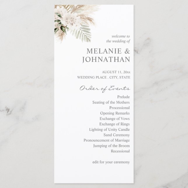 Boho Pampas Grass & Beige L Wedding Ceremony  Programme (Front)