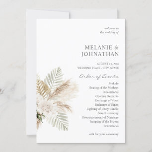 Boho Pampas Grass & Beige Wedding Ceremony Program Invitation
