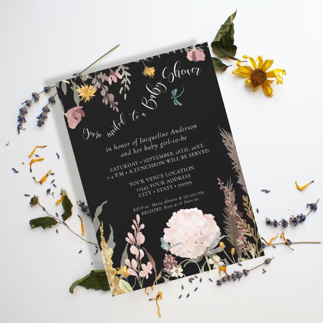 BOHO Pampas Grass Black Moody Floral Butterfly Invitation (Creator Uploaded)