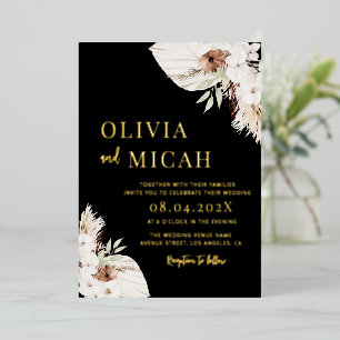 Boho pampas grass black wedding invitation gold