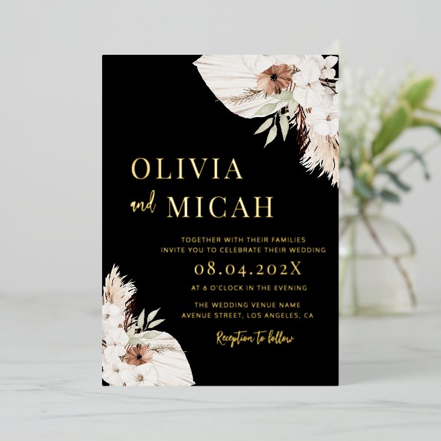 Boho pampas grass black wedding invitation gold (Standing Front)