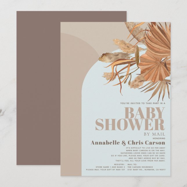 Boho Pampas Grass Blue Baby Shower by Mail Invitation (Front/Back)