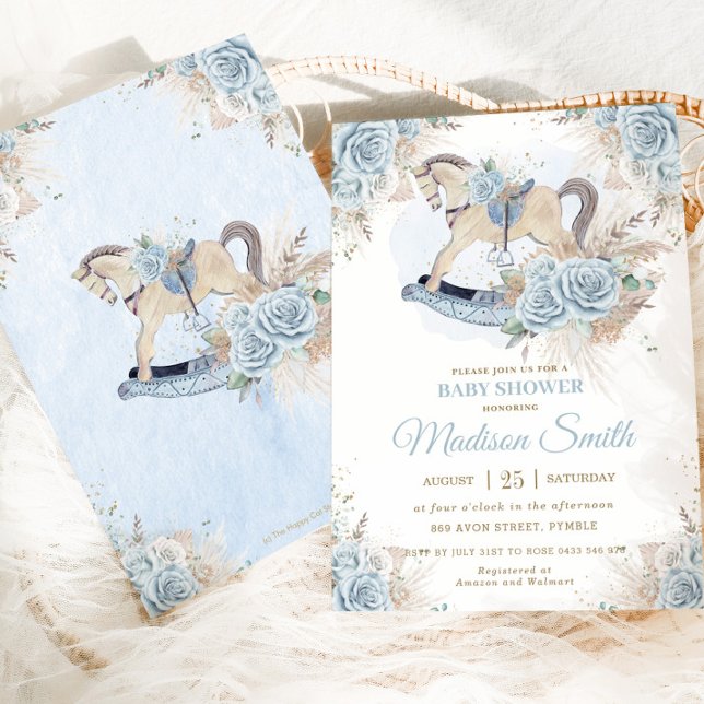 Boho Pampas Grass Blue Floral Rocking Horse Baby  Invitation (Creator Uploaded)