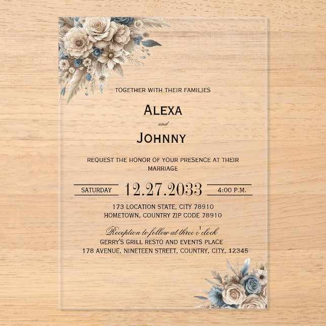 Boho Pampas Grass Blue Florals Elegant Acrylic Invitations (Front)