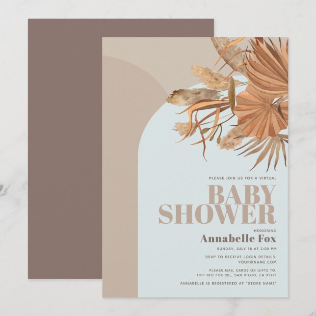 Boho Pampas Grass Blue Virtual Baby Shower Invitation (Front/Back)