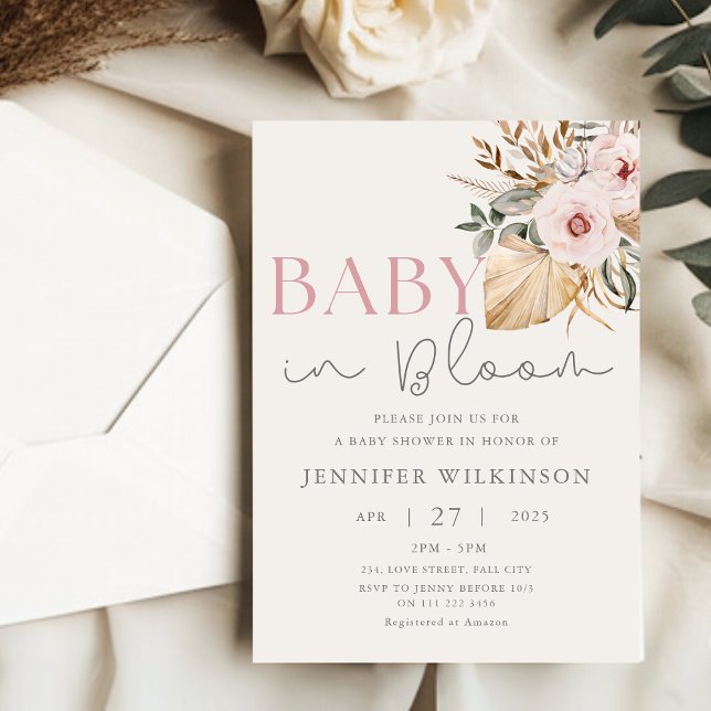 Boho Pampas Grass Blush Baby in Bloom Baby Shower  Invitation (Boho Pampas Grass Blush Baby in Bloom Baby Shower Invitation)