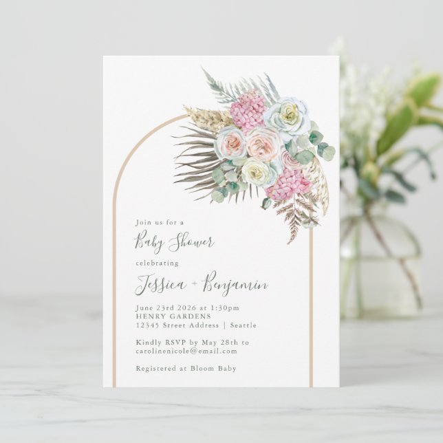 Boho Pampas Grass Blush Floral Arch Baby Shower   Invitation (Standing Front)