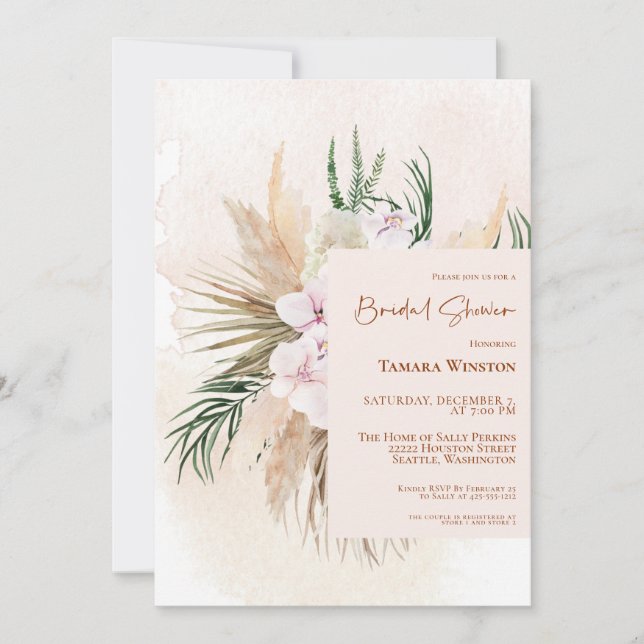 Boho Pampas Grass Blush Floral Bridal Shower Invit Invitation (Front)