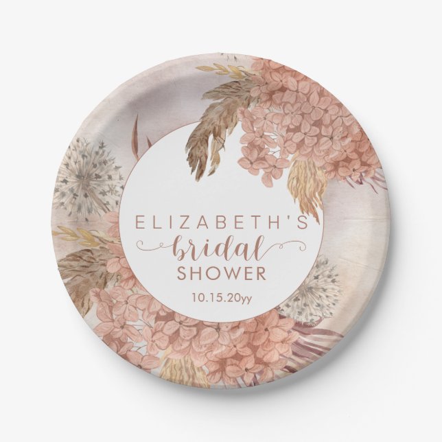 Boho Pampas Grass | Blush Hydrangeas Bridal Shower Paper Plate (Front)