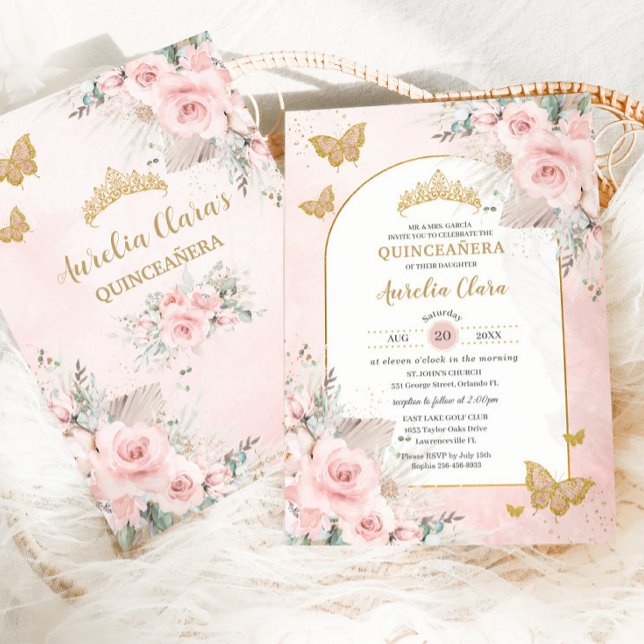 Boho Pampas Grass Blush Pink Floral Quinceañera Invitation (Creator Uploaded)