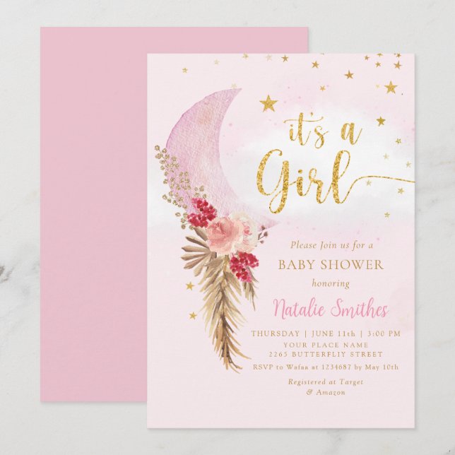 Boho Pampas Grass Blush Pink Girl Baby Shower Invitation (Front/Back)