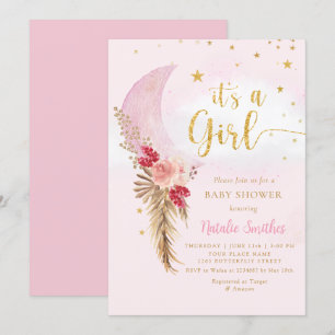Boho Pampas Grass Blush Pink Girl Baby Shower Invitation