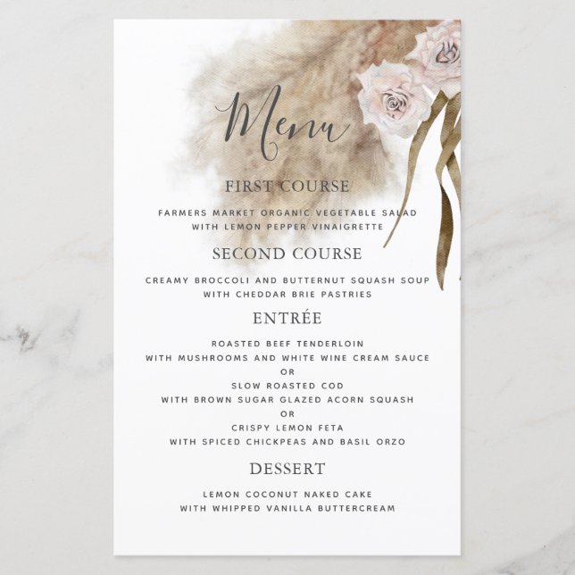 Boho Pampas Grass Botanical Wedding Dinner Menu (Front)